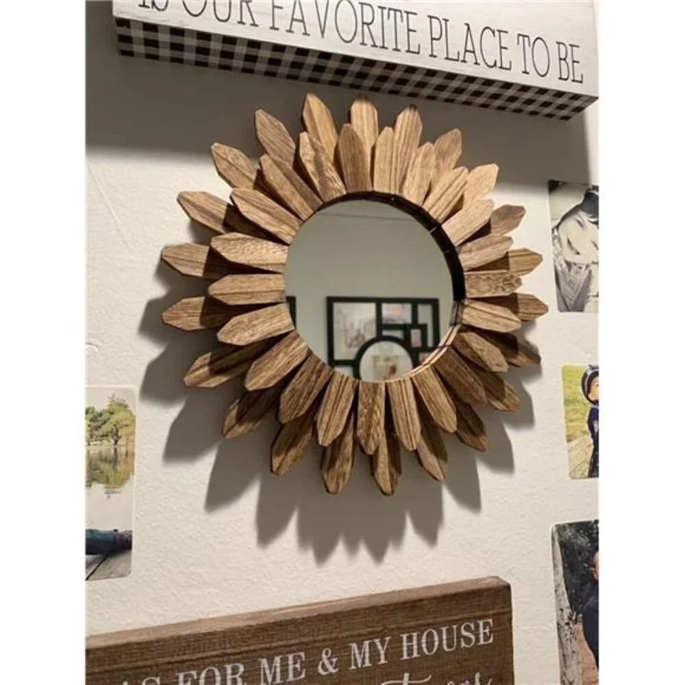 Wall Mirror Decorative 12 inch Rustic Wood Mirror Sunburst Boho Mirror for Entry